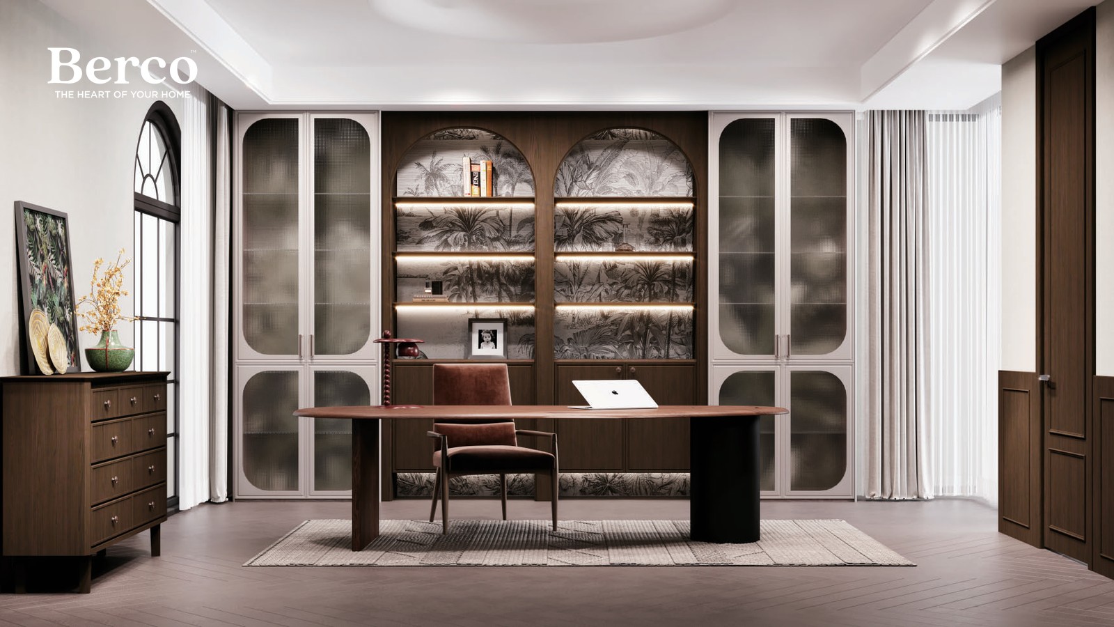 Classic walnut home study with arched reeded-glass display cabinets and a writing desk — Berco design reference