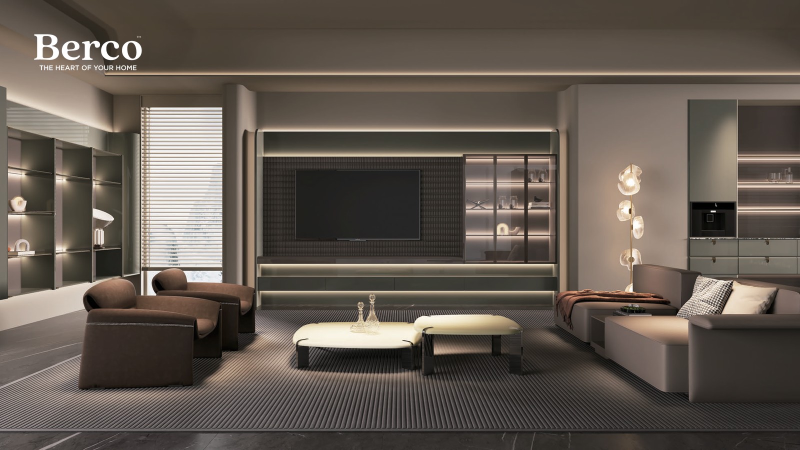Warm living room with a media wall, open display shelving and built-in bench seating — Berco design reference