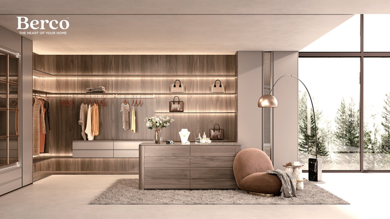 Warm-wood dressing room with a display island and a wall of open shelving — Berco design reference