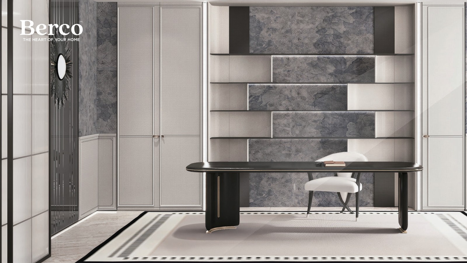Dressing room with a stone feature wall, writing desk and fitted storage — Berco design reference