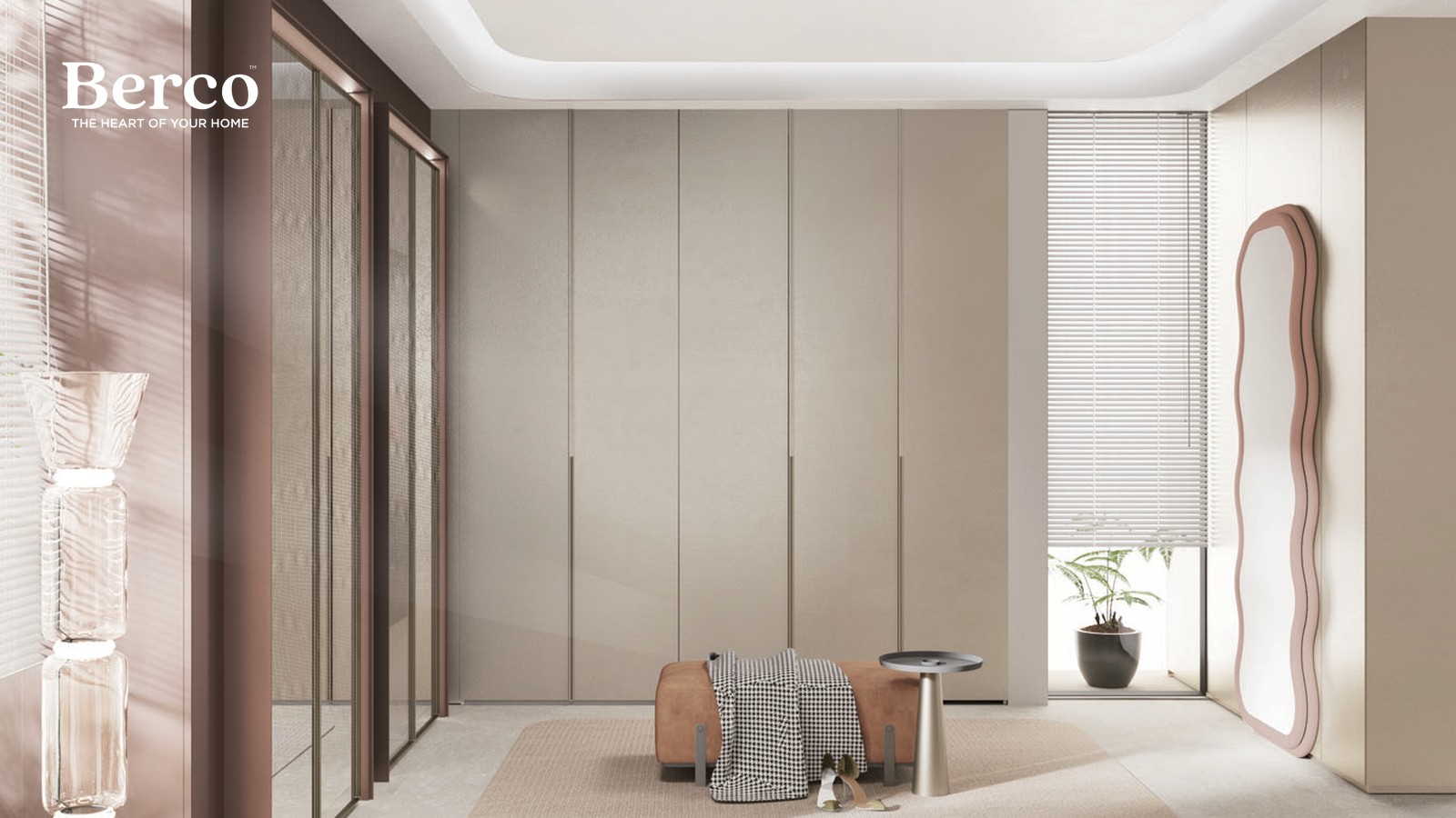 Warm dressing room with fitted wardrobe and a full-height mirror — Berco design reference