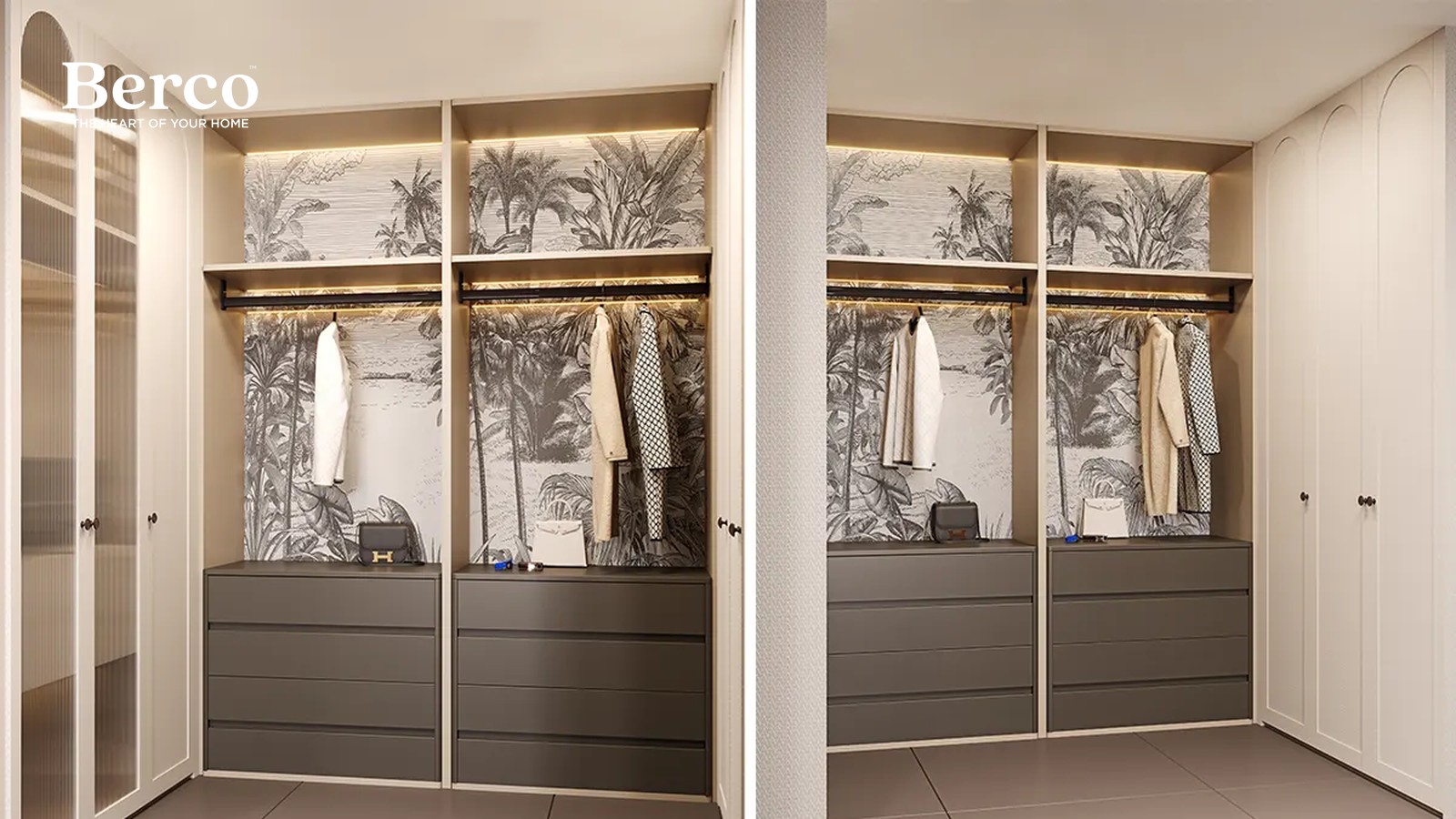Fitted wardrobe wall in warm neutrals with glass-front bays over a landscape-mural back panel — Berco design reference