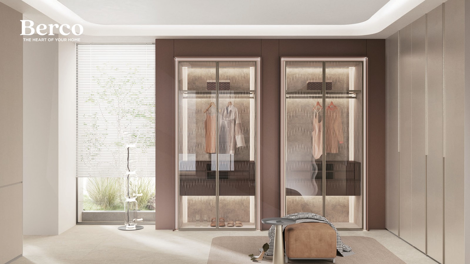 Bedroom wardrobe run behind reeded-glass sliding doors framed in warm metal — Berco design reference