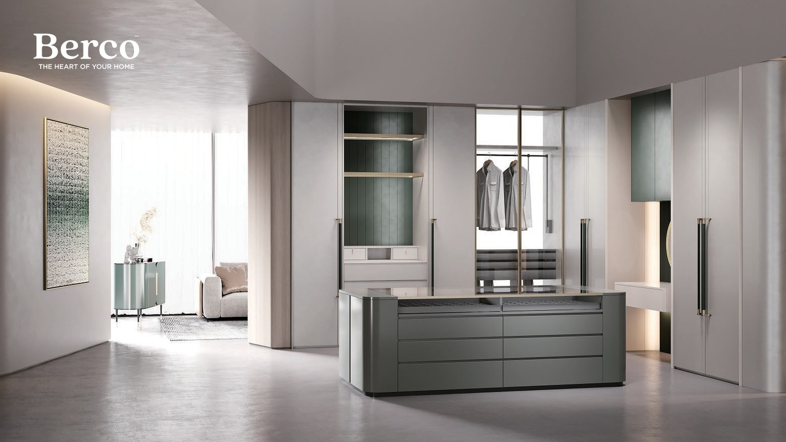 Greige walk-in wardrobe with open shelving and drawers — Berco design reference