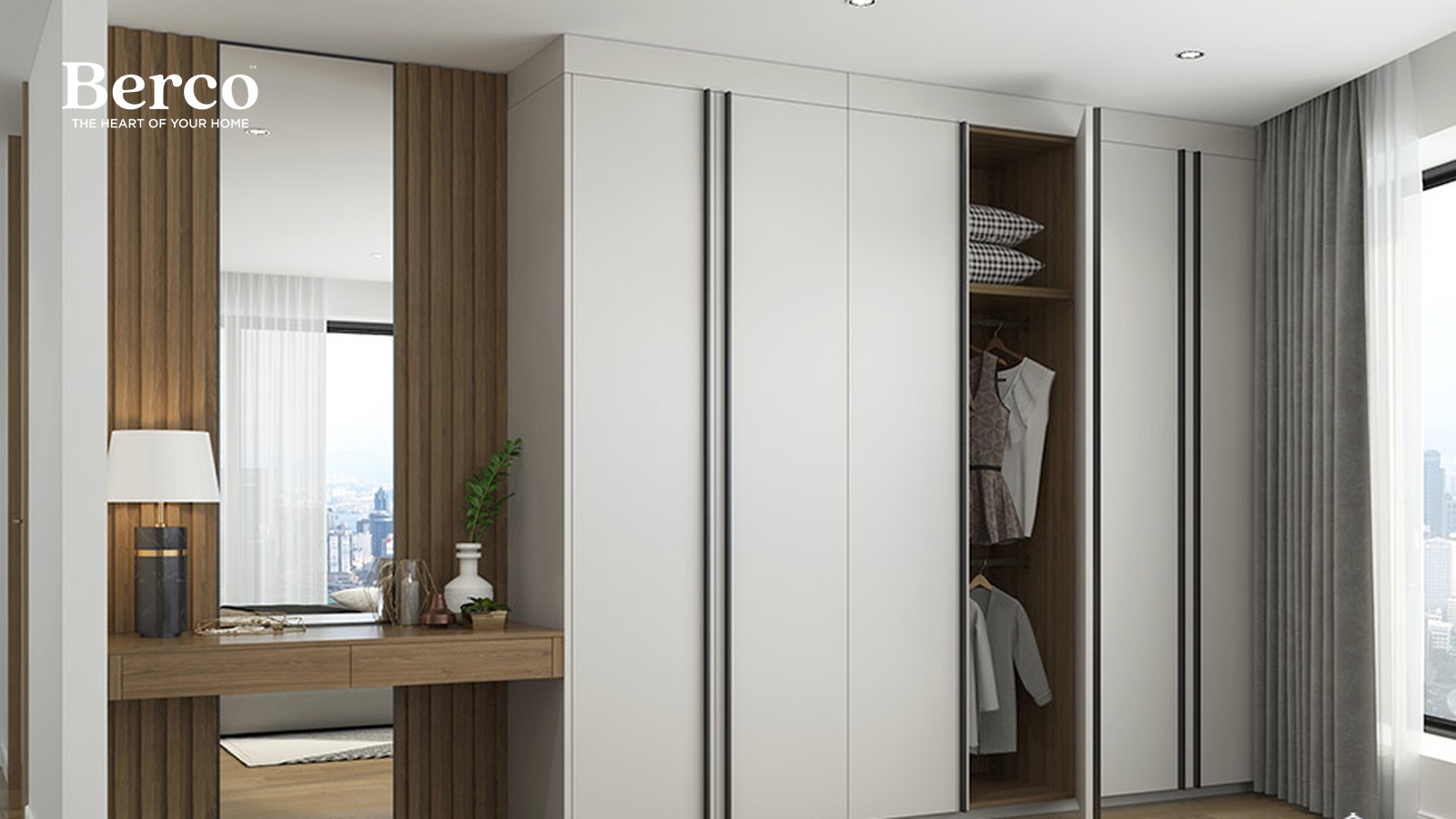 Long grey wardrobe run with closed fronts and a glass-door hanging section, and a dressing counter at one end — Berco design reference