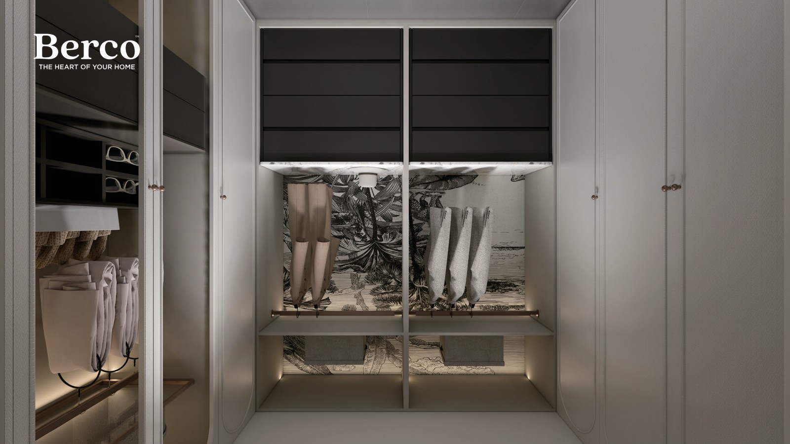Compact walk-in wardrobe with glass-front units and dark interior inserts — Berco design reference