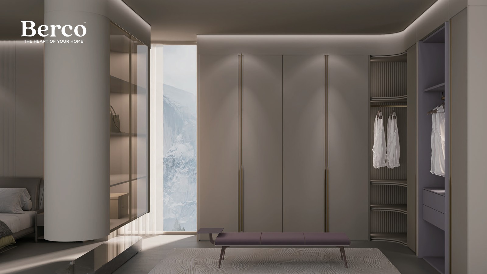 Walk-in wardrobe with fitted hanging, drawers and shelving — Berco design reference