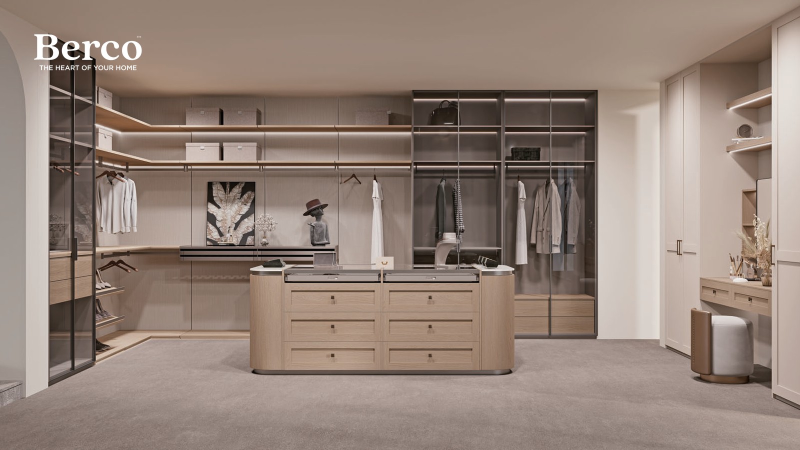Walk-in wardrobe with a dressing island and glass-front storage — Berco design reference