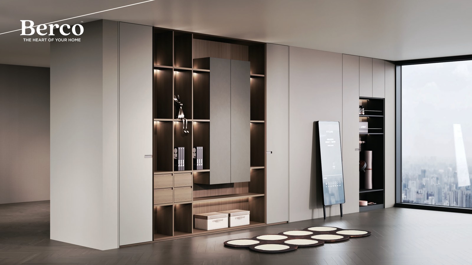 Long greige wardrobe run with a full-height mirror and city view — Berco design reference