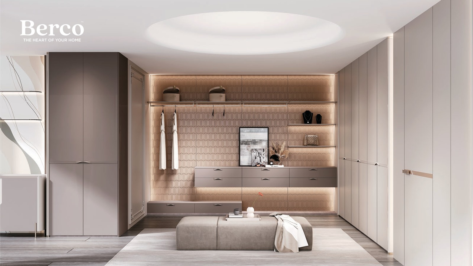 Warm walk-in wardrobe with a tiled feature wall and backlit hanging — Berco design reference