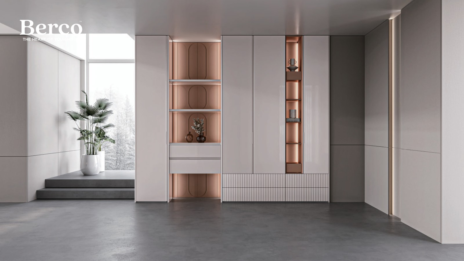 Wardrobe wall with copper-toned open shelving and fitted cabinets — Berco design reference