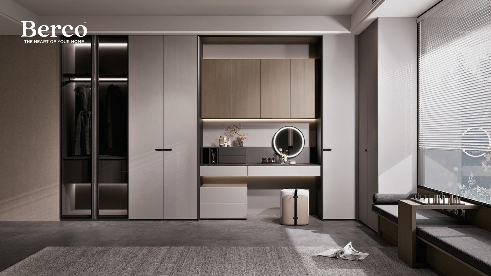 Fitted wardrobe with an integrated vanity and dressing area under soft light — Berco design reference
