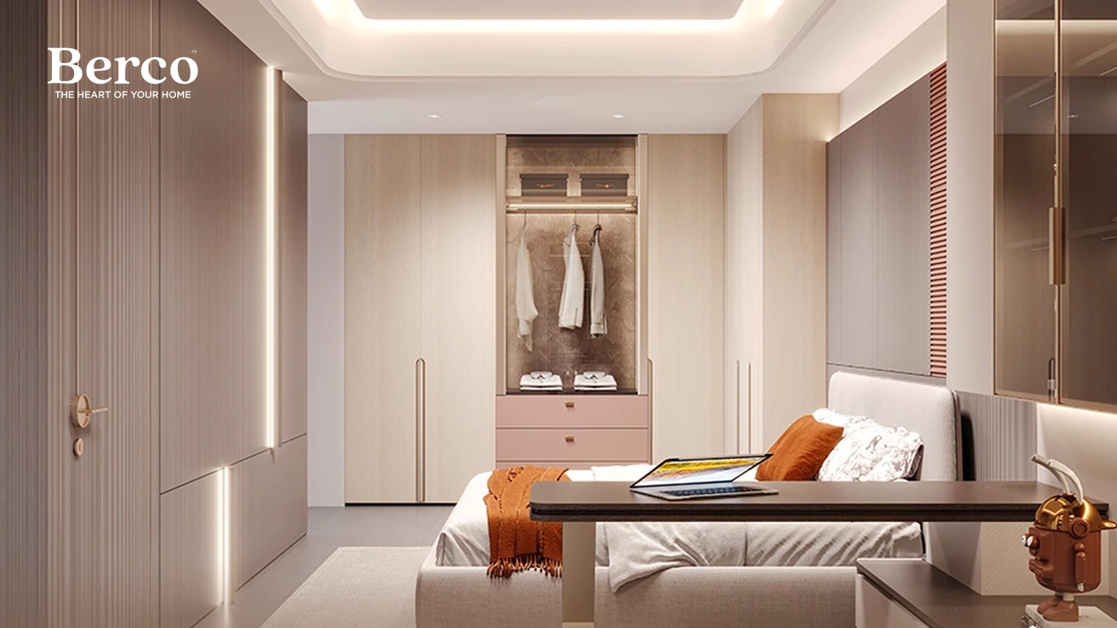 Warm-toned walk-in with a full-height mirror and a mix of open and closed storage, doubling as a dressing area — Berco design reference