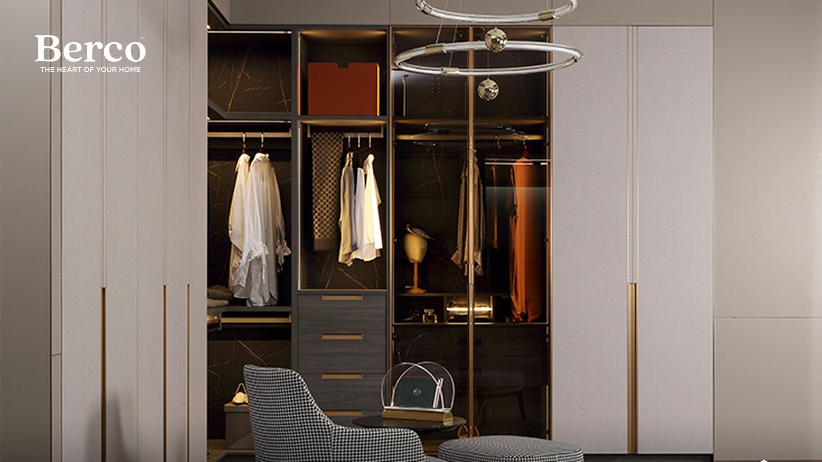 Bright warm-white walk-in with open hanging, shelving and drawers arranged around the room — Berco design reference