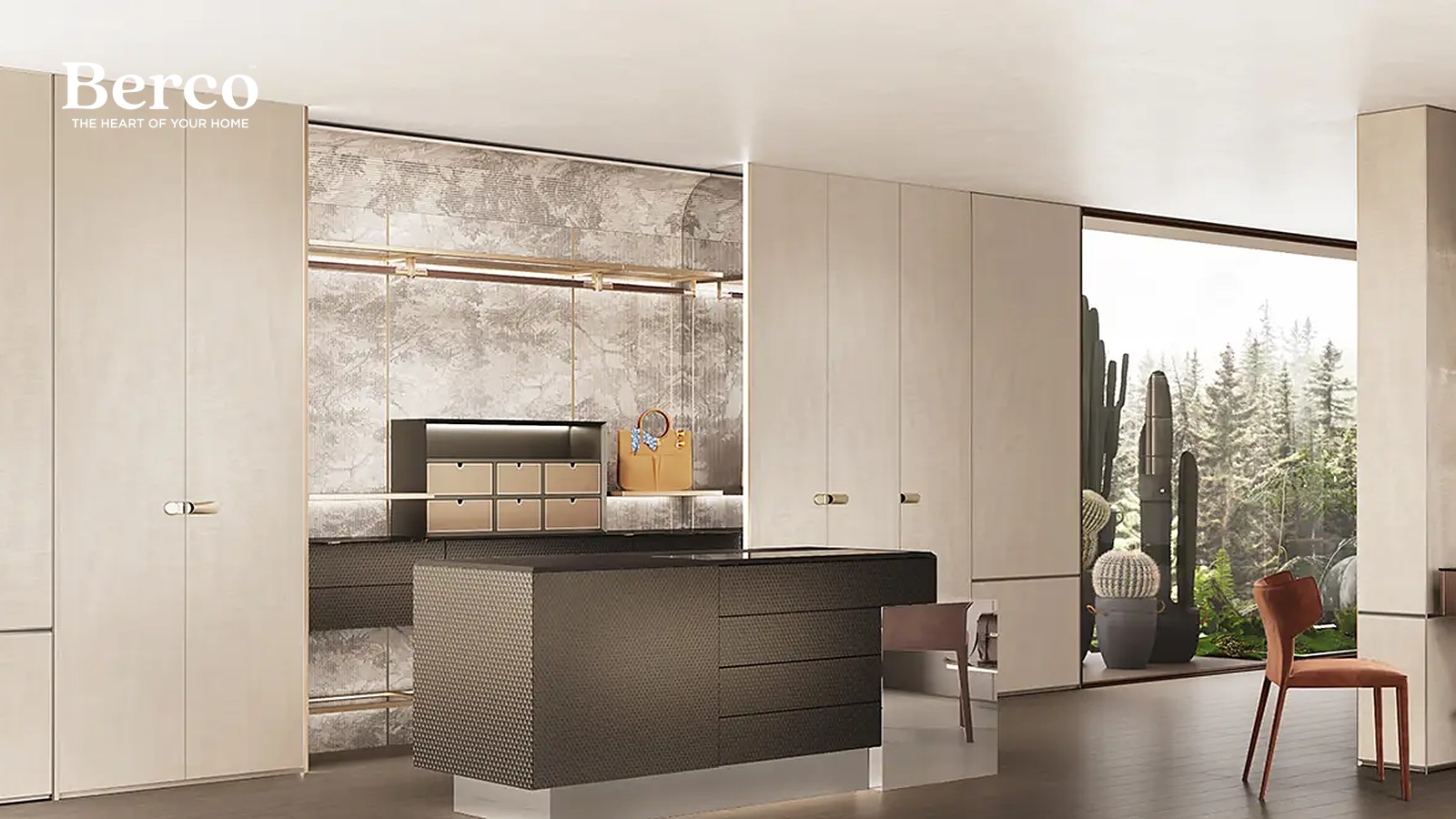 A boutique-style dressing room with soft greige cabinetry, stone-veined panels and slim brass shelving — Berco design reference.