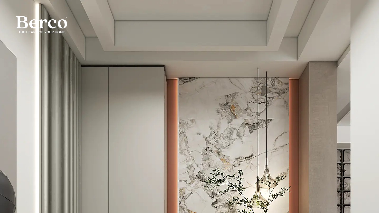 A hallway of pale greige wardrobes and fluted panelling beside a veined marble wall trimmed in copper — Berco design reference.