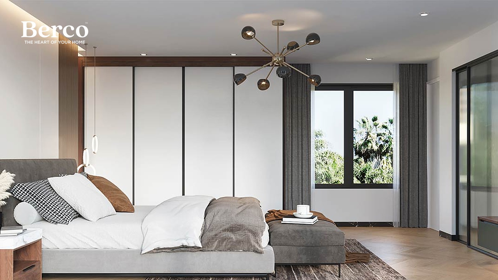 A bedroom with a full-height white wardrobe wall framed in walnut beside a window and herringbone floor — Berco design reference.