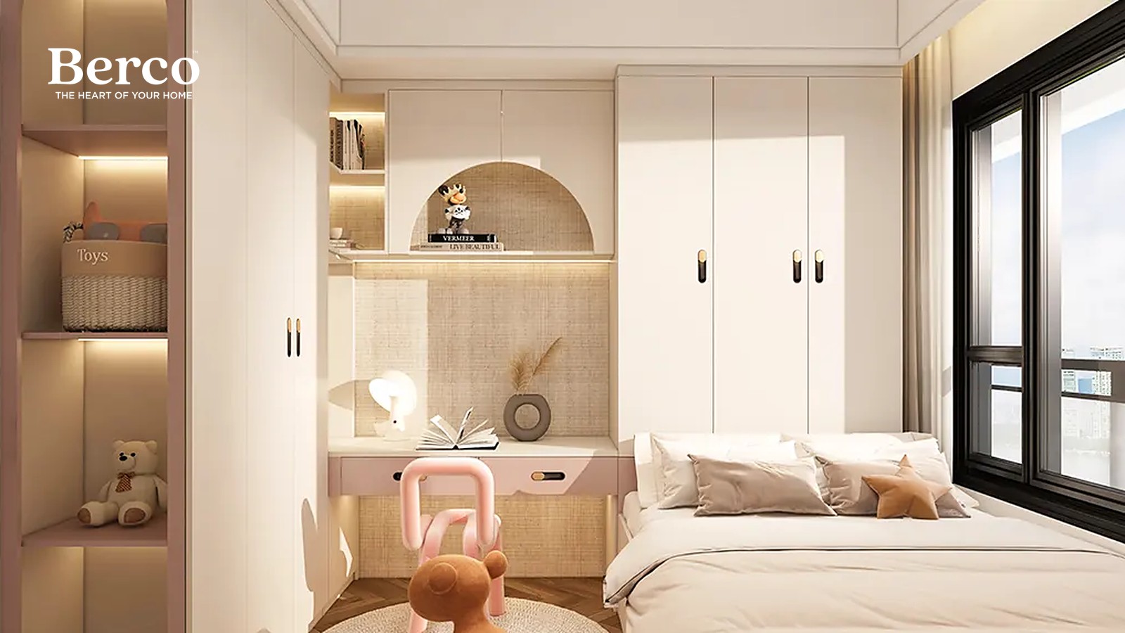 A bedroom with cream wardrobes, a lit open shelf and an arched rattan-backed niche above a built-in desk — Berco design reference.