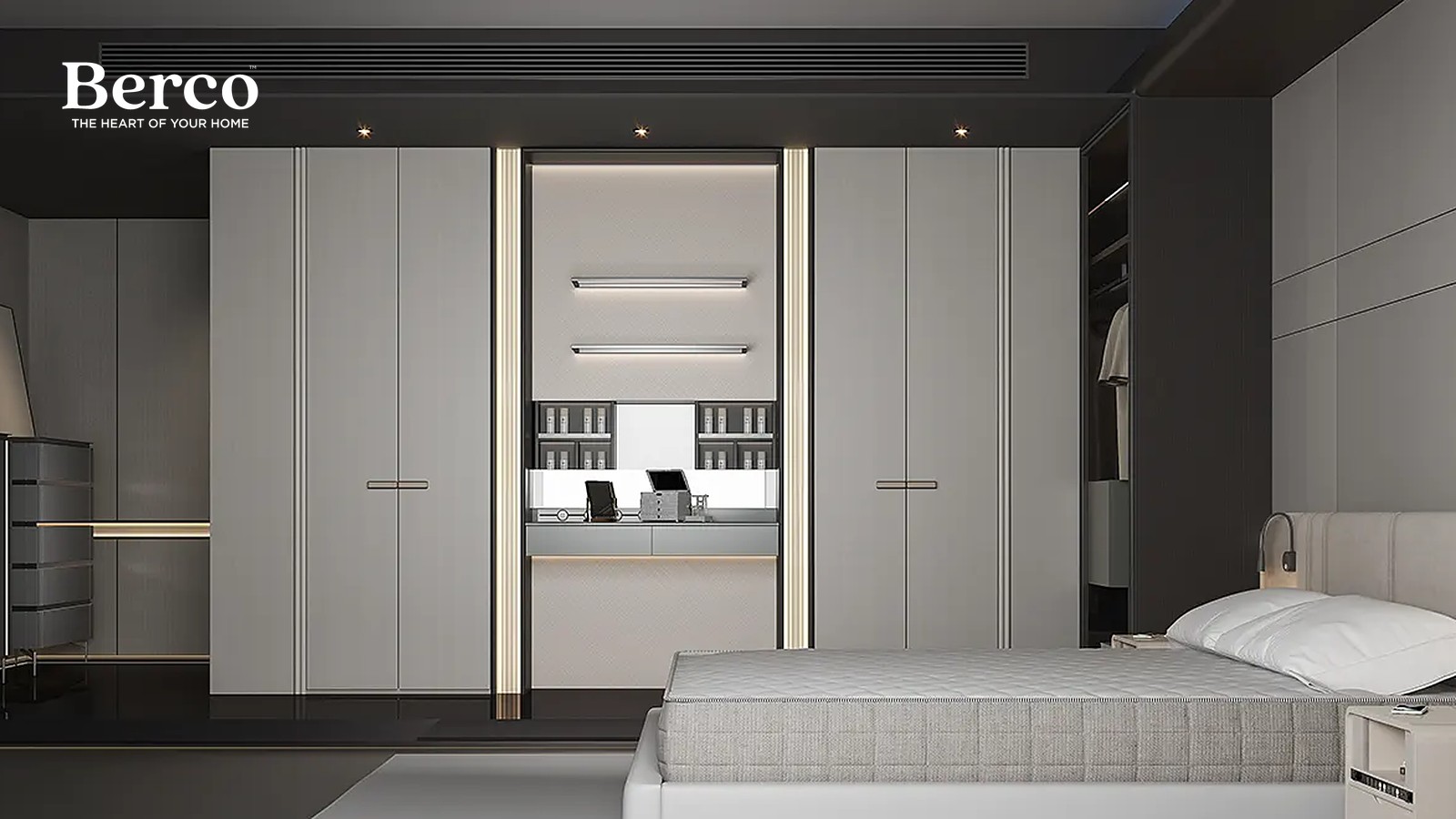 Pale Greige Wardrobes With Gold Trim — view 2