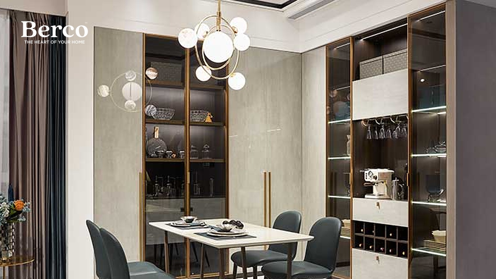 Pale Greige Wardrobes With Gold Trim — view 3
