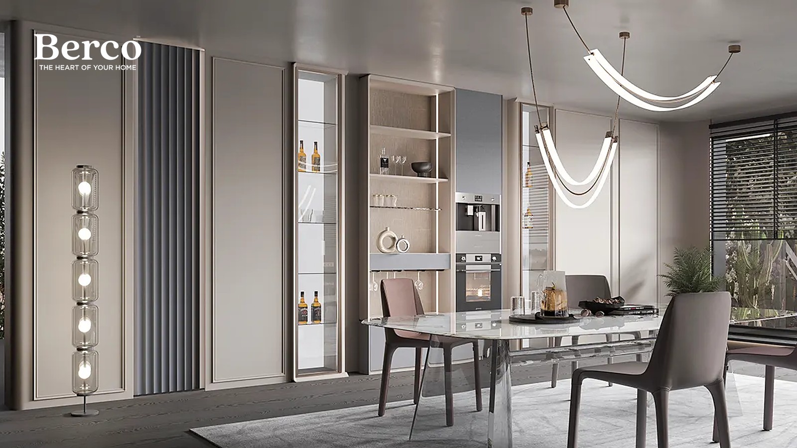 A dining wall of framed greige panels with tall lit glass display cabinets and built-in ovens — Berco design reference.