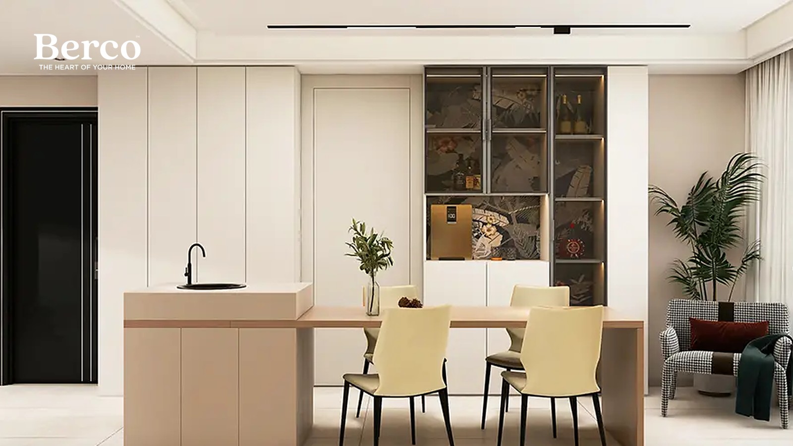 Framed Greige Panels and Lit Display Cabinets — view 2