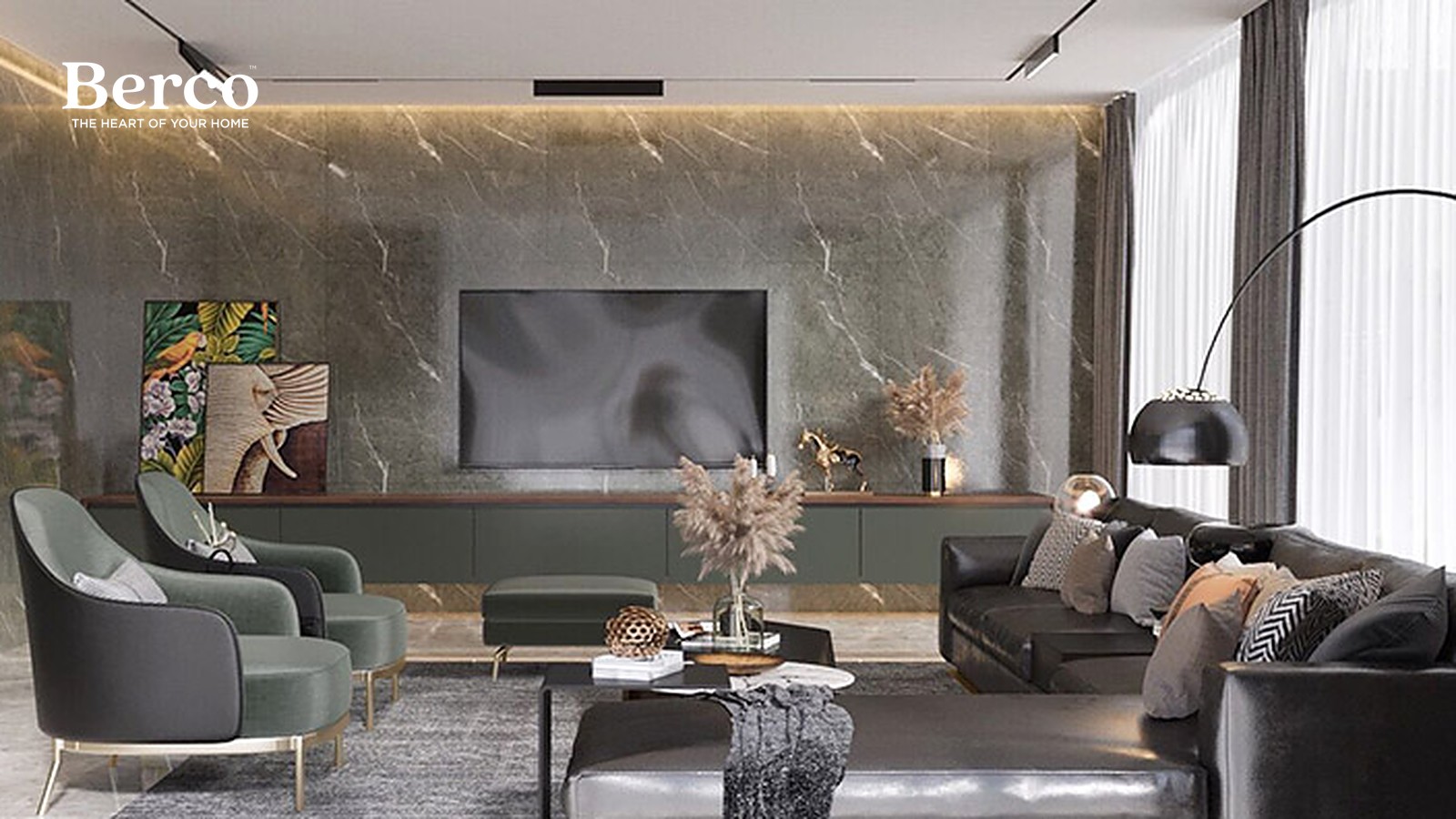 Framed Greige Panels and Lit Display Cabinets — view 3