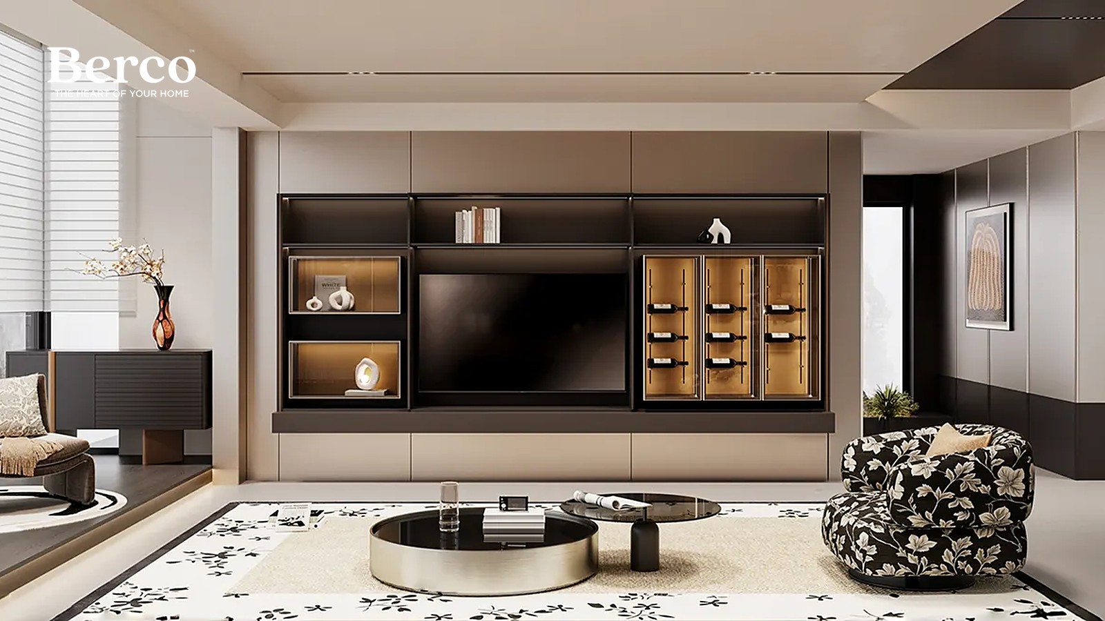 A living room media wall with bronze-framed glass display cabinets lit from within above a cream base run — Berco design reference.