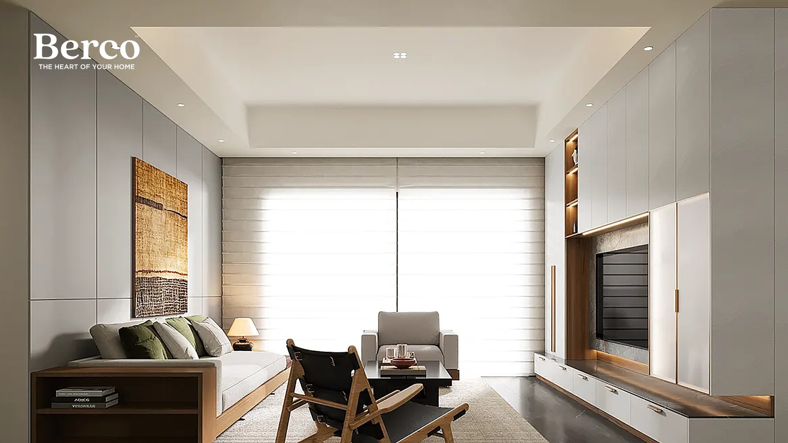 A living room lined floor to ceiling with white cabinetry and oak-trimmed niches around a recessed screen — Berco design reference.
