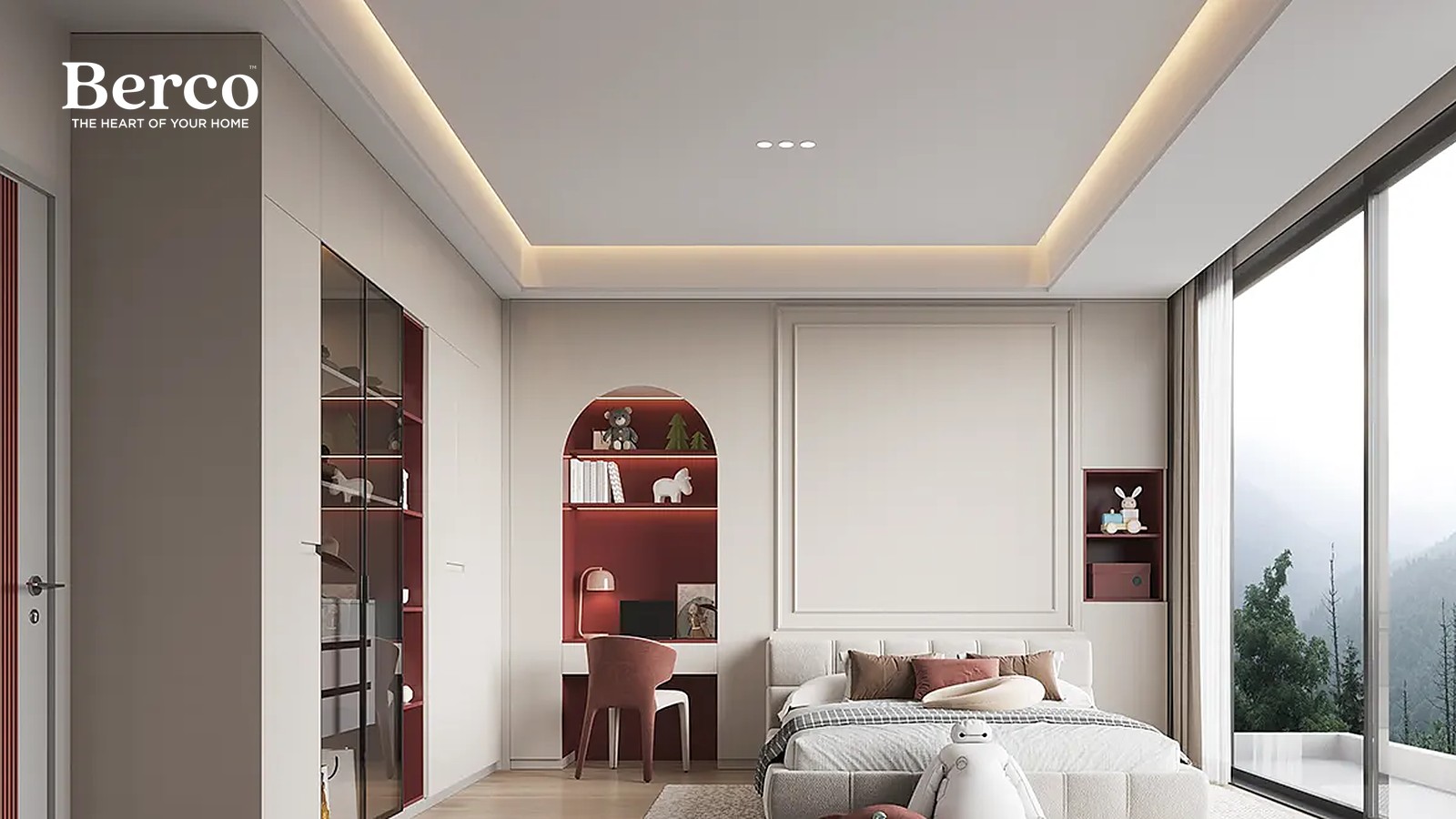 A bedroom with cream wardrobes and an arched burgundy niche framing a built-in desk — Berco design reference.