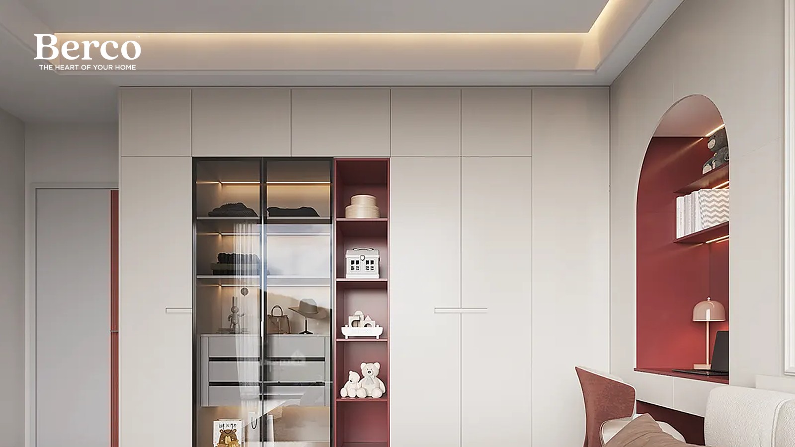 Cream Cabinetry With Deep Burgundy Accents — view 2