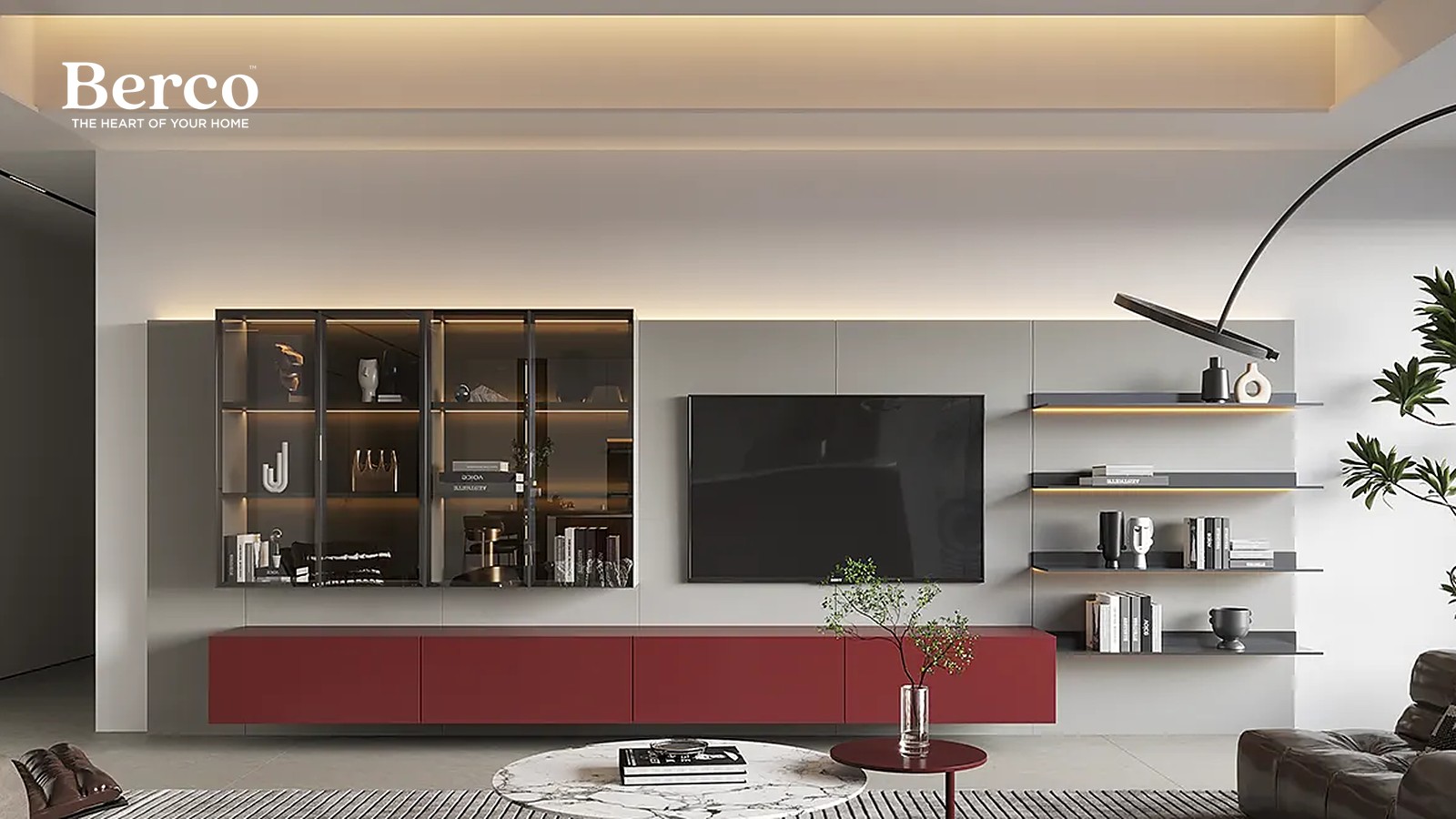 Cream Cabinetry With Deep Burgundy Accents — view 3
