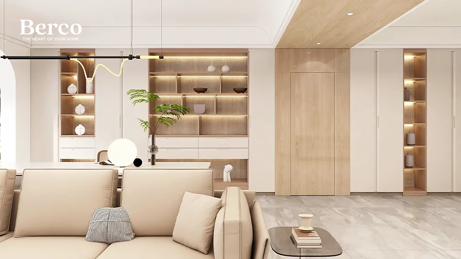 An open living and dining space with cream cabinetry, lit oak display shelving and an oak-lined ceiling — Berco design reference.