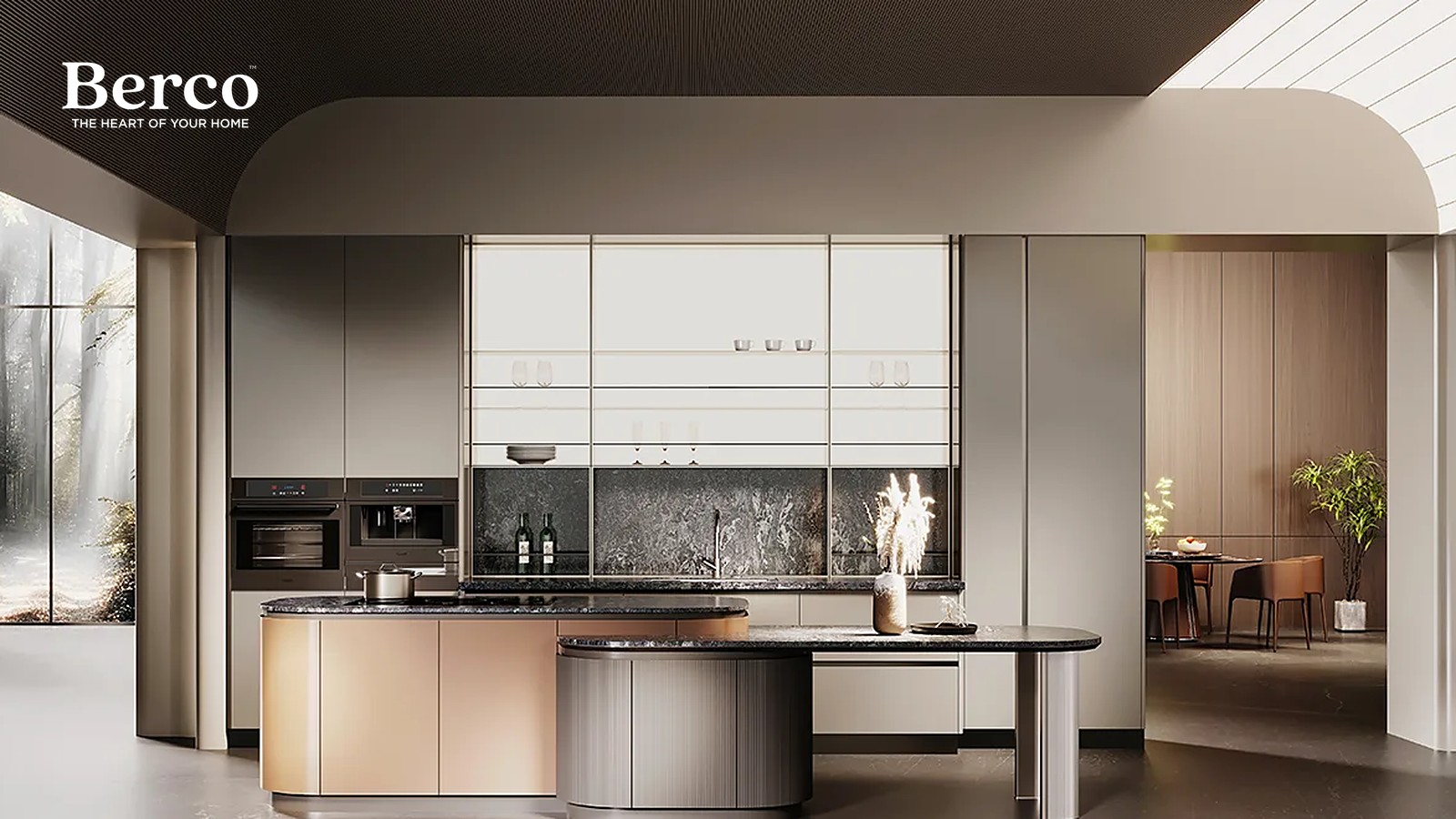 A kitchen with taupe tall cabinets, glass-front upper units and a curved copper-toned island under an arched ceiling — Berco design reference.