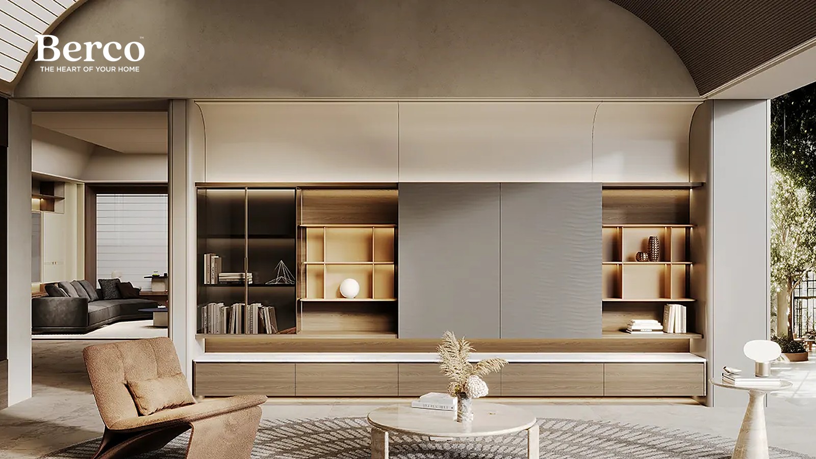 Taupe Kitchen With Curved Copper Island — view 2
