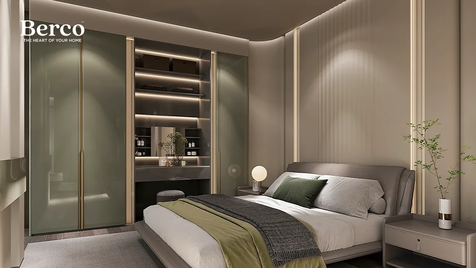 A bedroom with ribbed glass wardrobe doors in champagne frames beside a lit open dressing bay — Berco design reference.