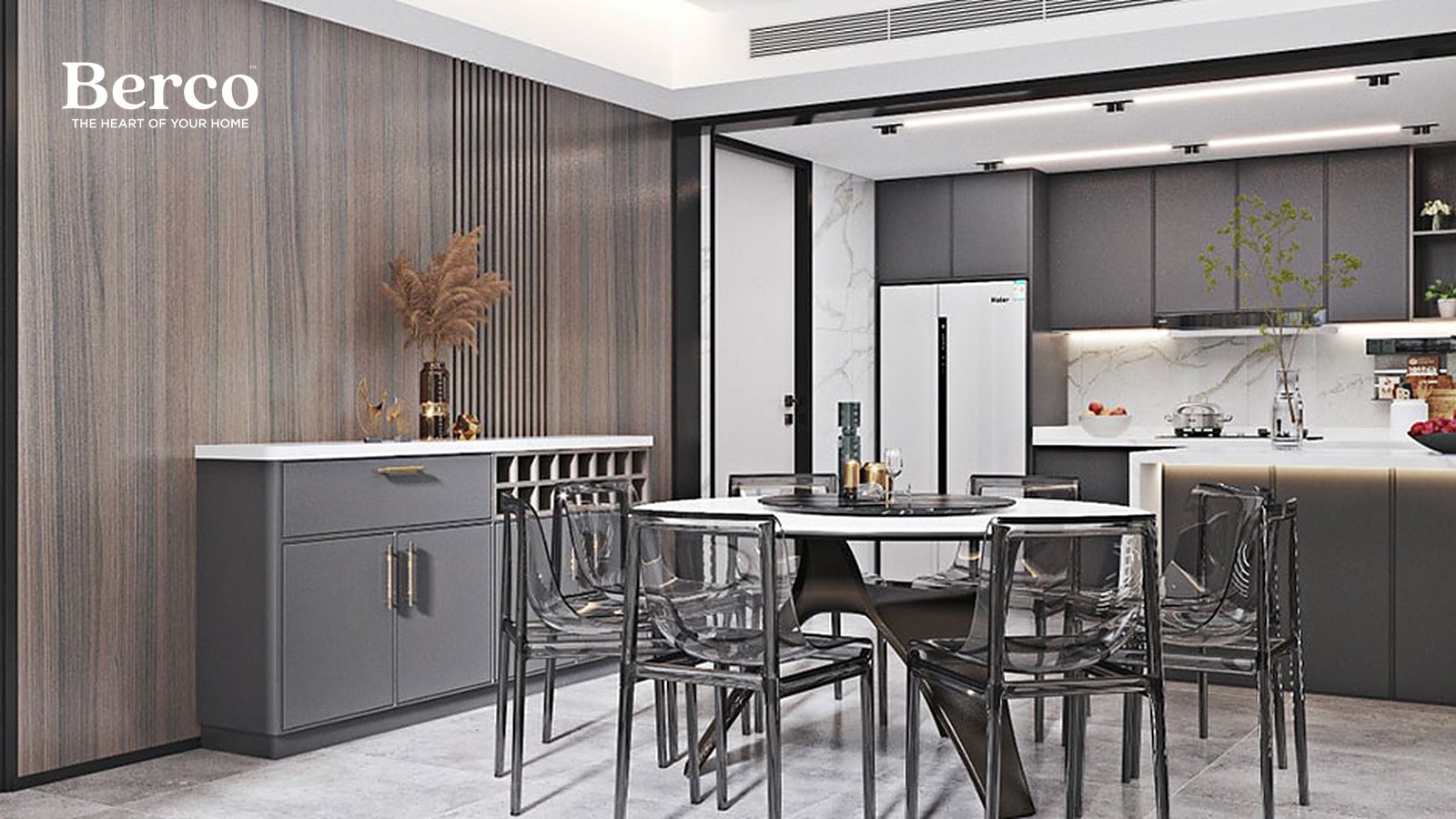 A dining and kitchen area with charcoal grey cabinetry, a timber slat feature wall and a marble splashback — Berco design reference.