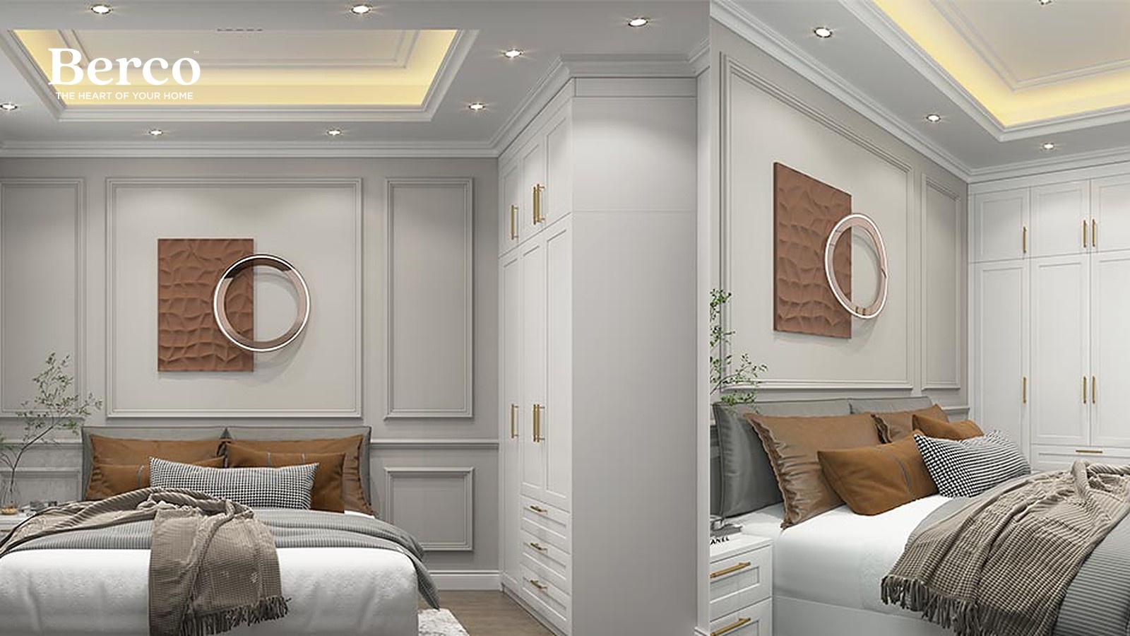 A bedroom with white shaker wardrobes, brass handles and wall mouldings behind the bed — Berco design reference.