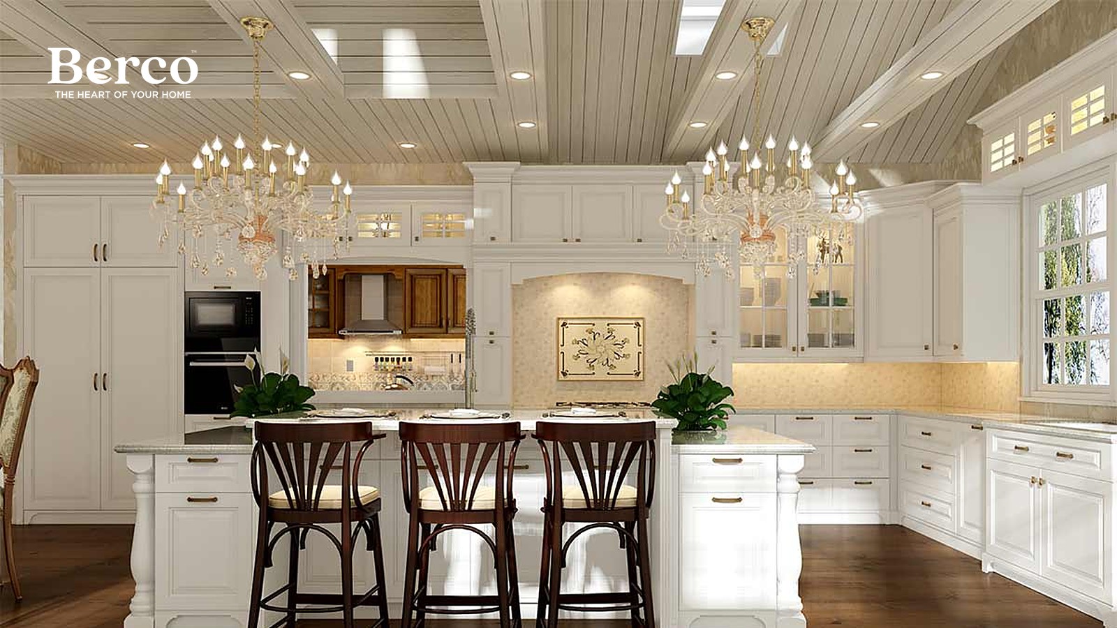 A large white shaker kitchen with a turned-leg island, glass-front upper cabinets and a painted beamed ceiling — Berco design reference.