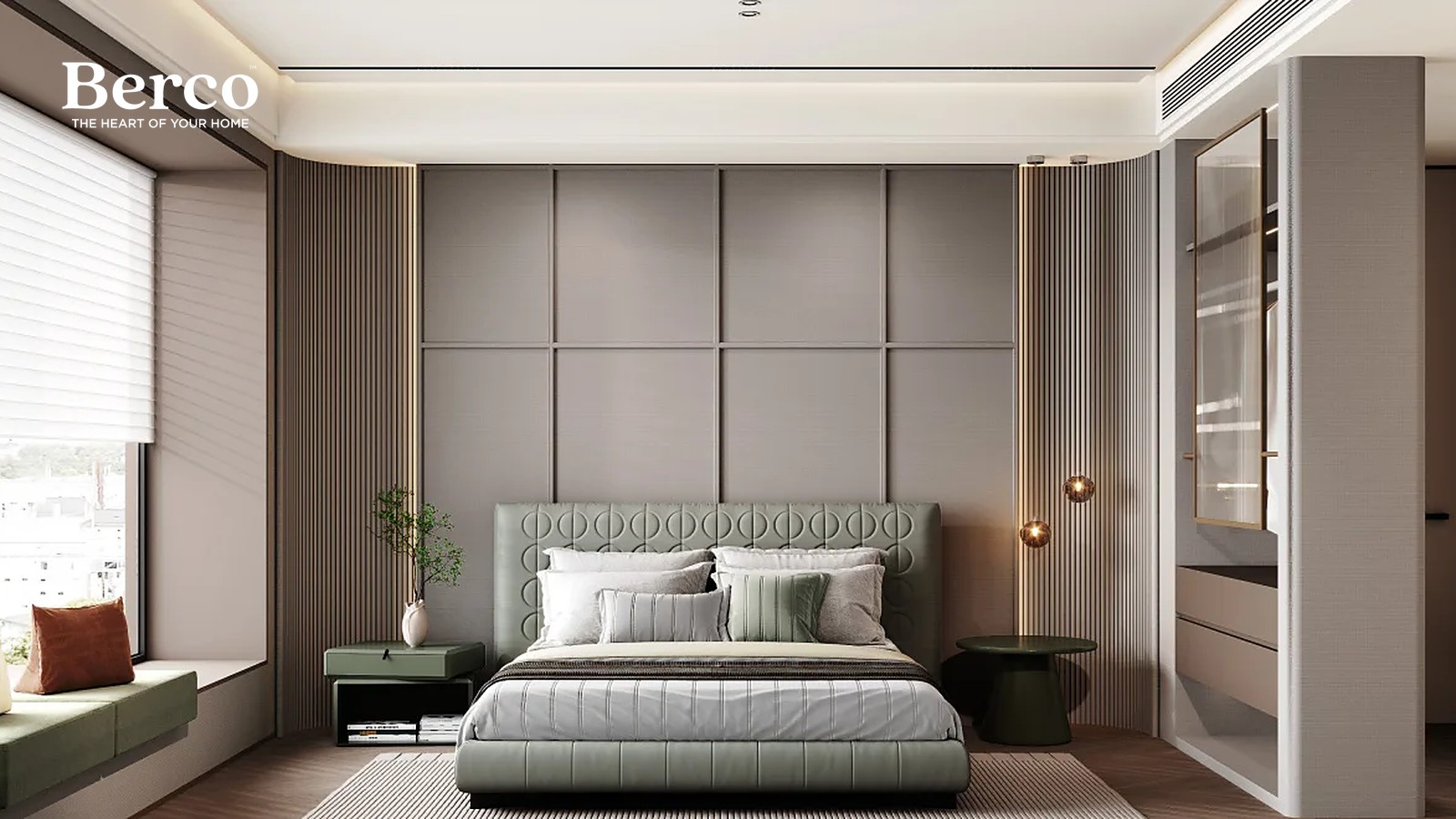 Bedroom in a soft grey panelled whole-home scheme, with a fitted headboard wall and concealed storage — Berco design reference