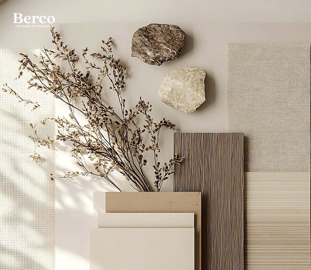 Warm neutral material palette — boards, stone and textiles, Berco design reference